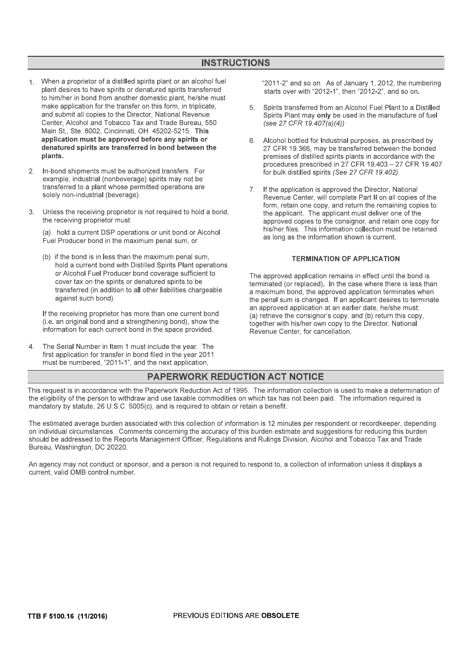 TTB Form 5100.16 Application for Transfer of Spirits and / or Denatured Spirits in Bond, Page 2