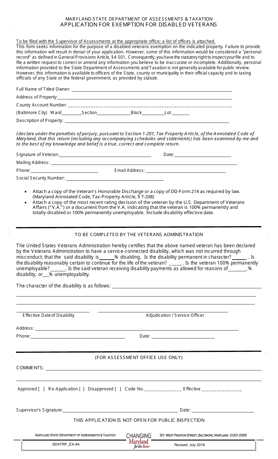 Form SDATRP_EX-4A Application for Exemption for Disabled Veterans - Maryland, Page 1