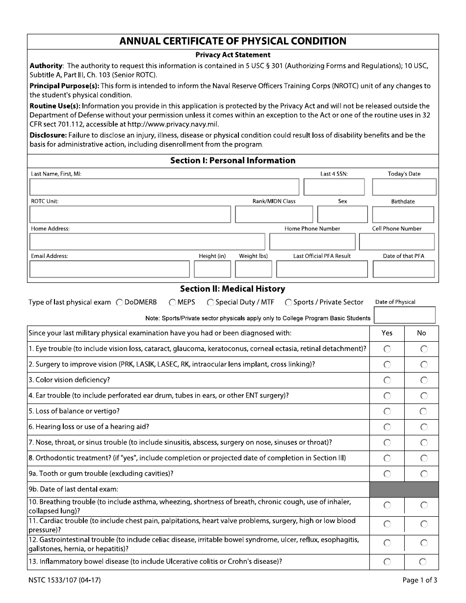 Form NSTC1533 / 107 Annual Certificate of Physical Condition, Page 1