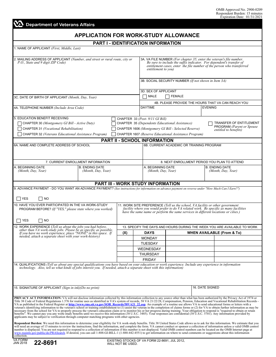 VA Form 22-8691 Application for Work-Study Allowance, Page 1