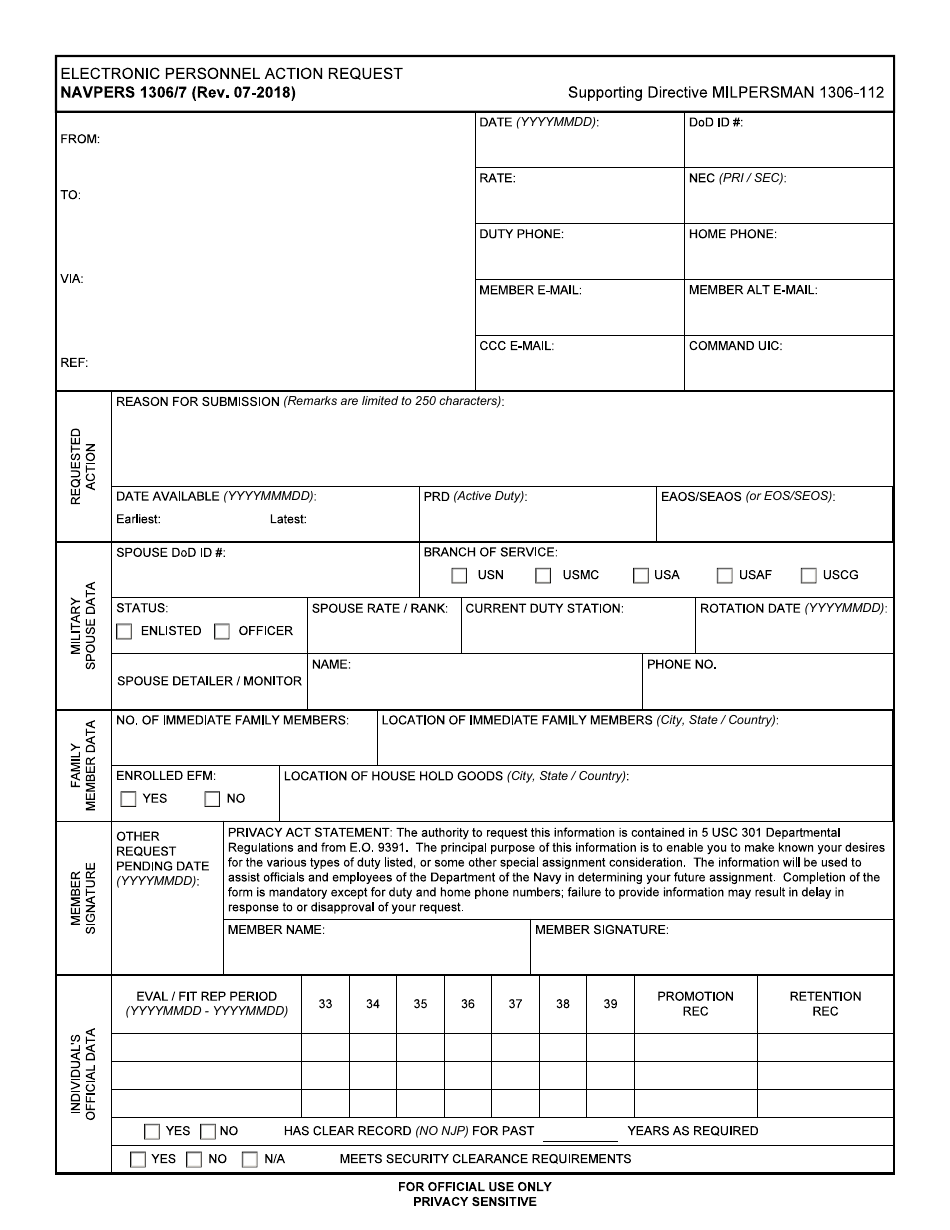 NAVPERS Form 1306 / 7 Electronic Personnel Action Request, Page 1