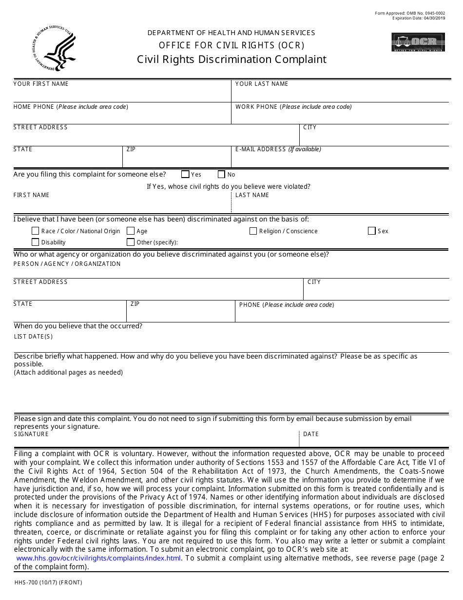 Form HHS-700 Civil Rights Discrimination Complaint, Page 1