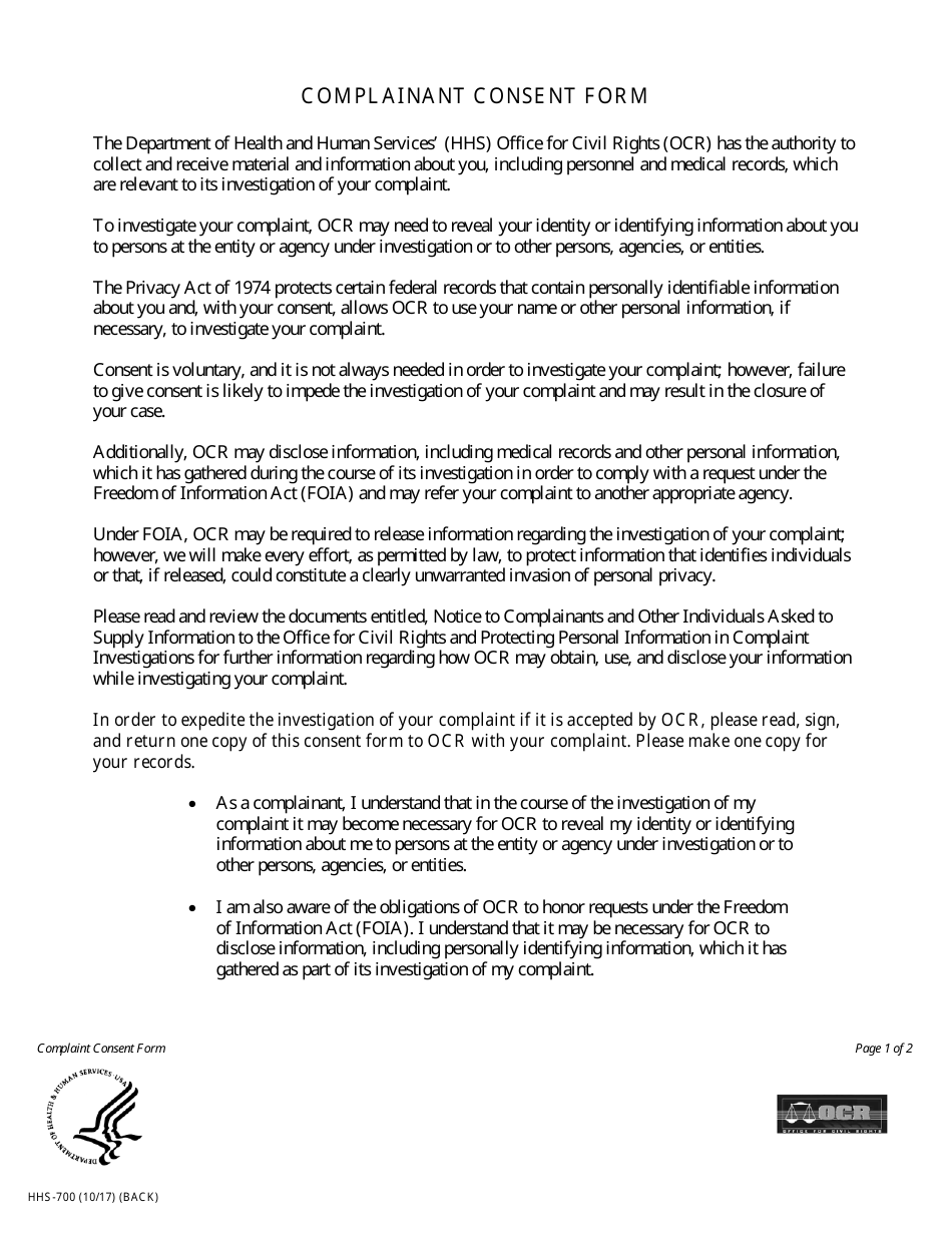 Form HHS-700 Civil Rights Discrimination Complaint, Page 3