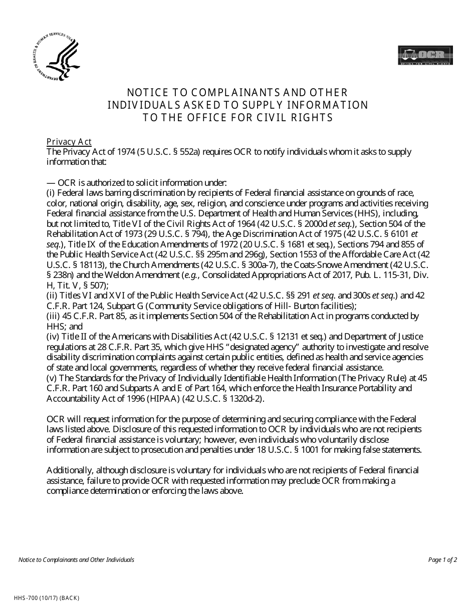 Form HHS-700 Civil Rights Discrimination Complaint, Page 5