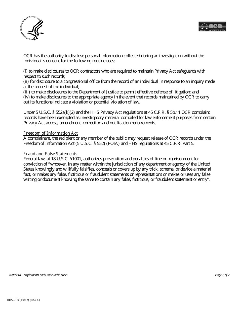 Form HHS-700 Civil Rights Discrimination Complaint, Page 6