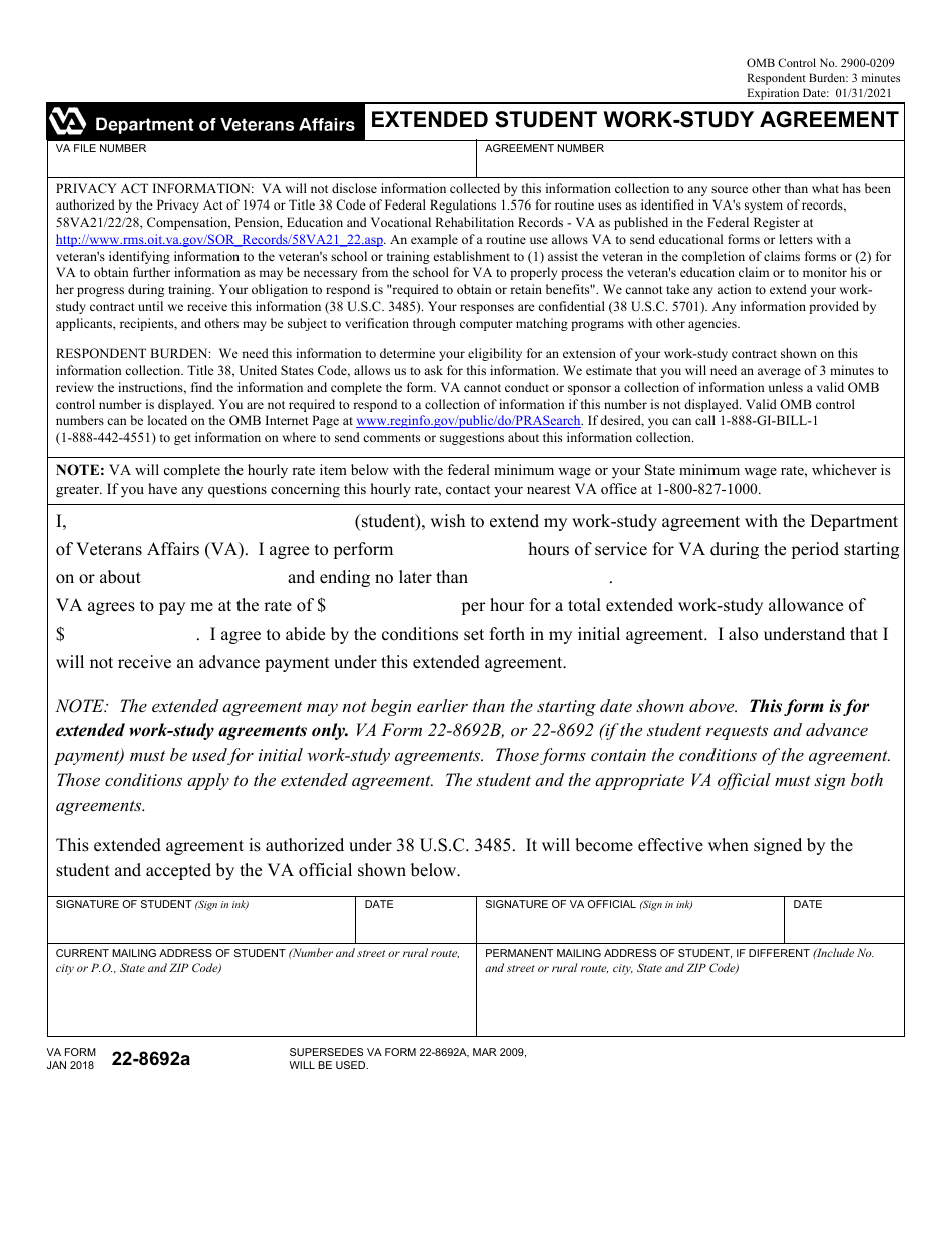 VA Form 22-8692A Extended Student Work-Study Agreement, Page 1
