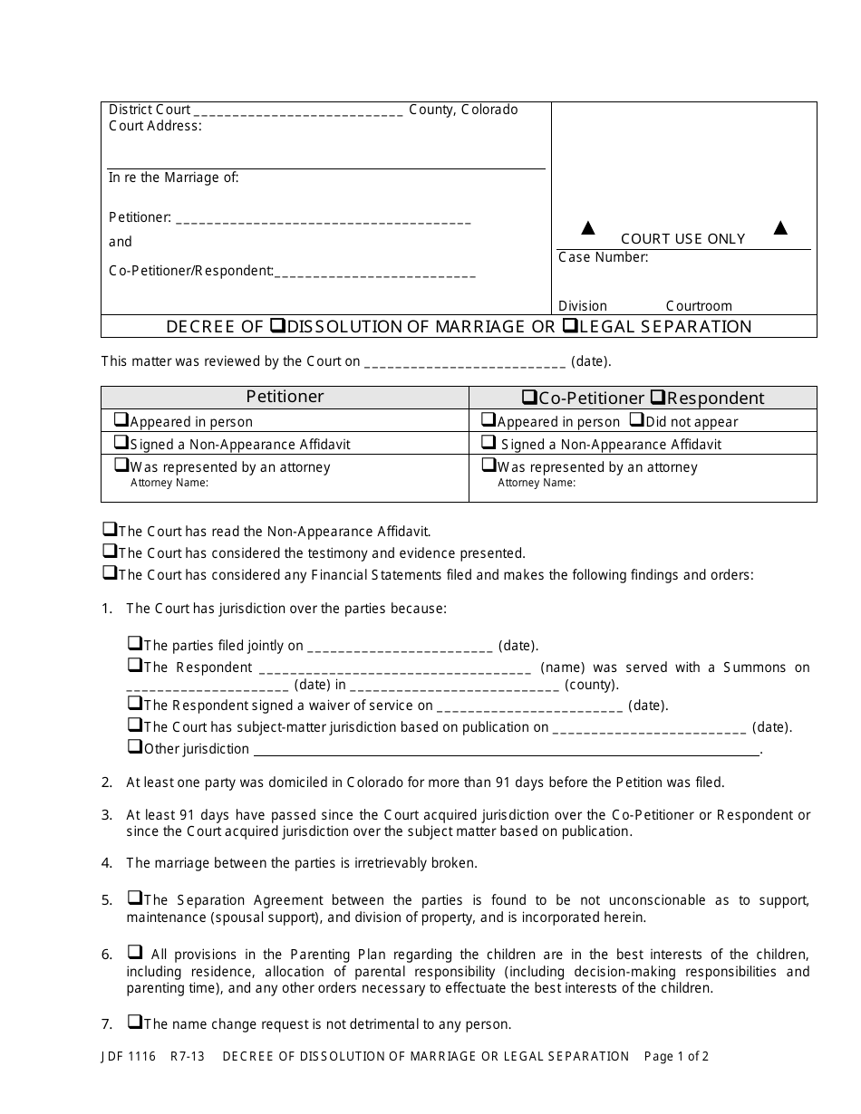 Form JDF1116 Decree of Dissolution of Marriage or Legal Separation - Colorado, Page 1