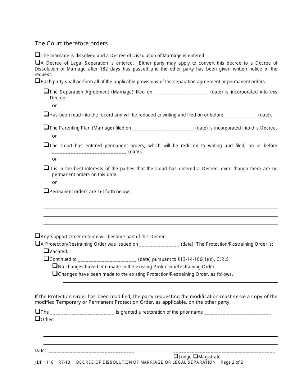 Form JDF1116 Decree of Dissolution of Marriage or Legal Separation - Colorado, Page 2