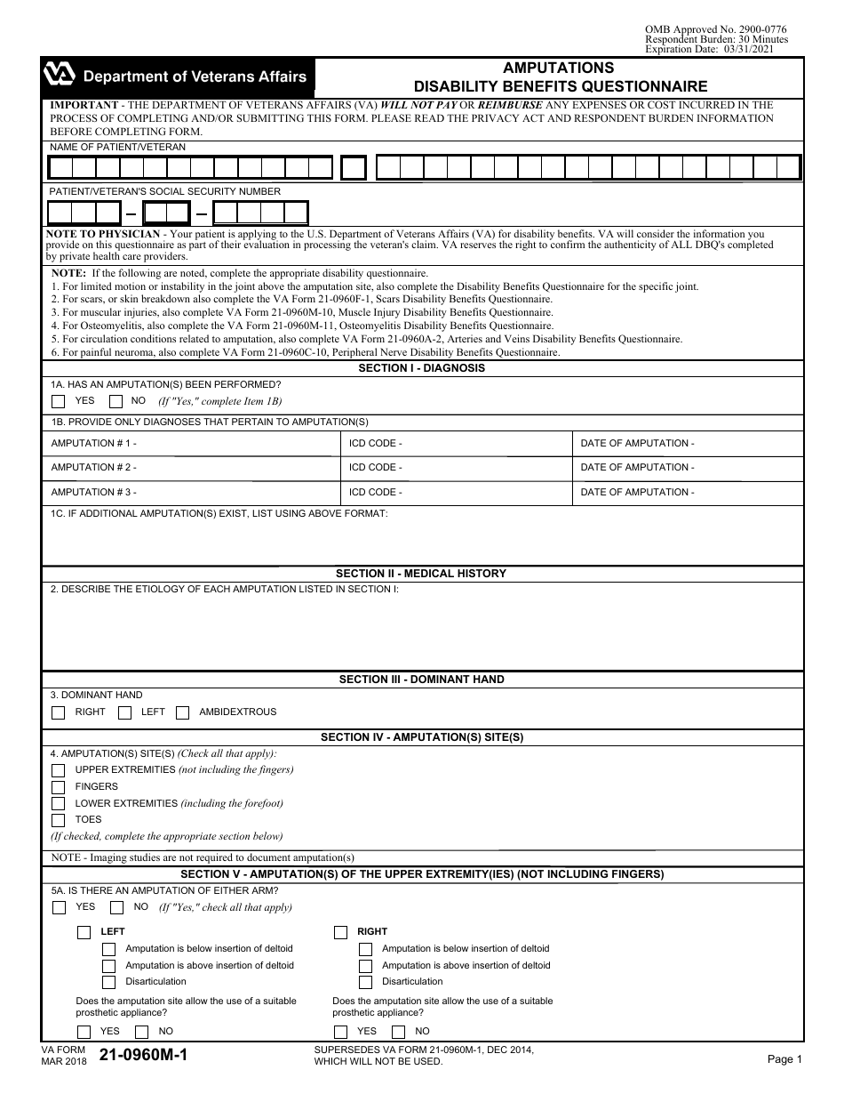 VA Form 21-0960M-1 Amputations Disability Benefits Questionnaire, Page 1