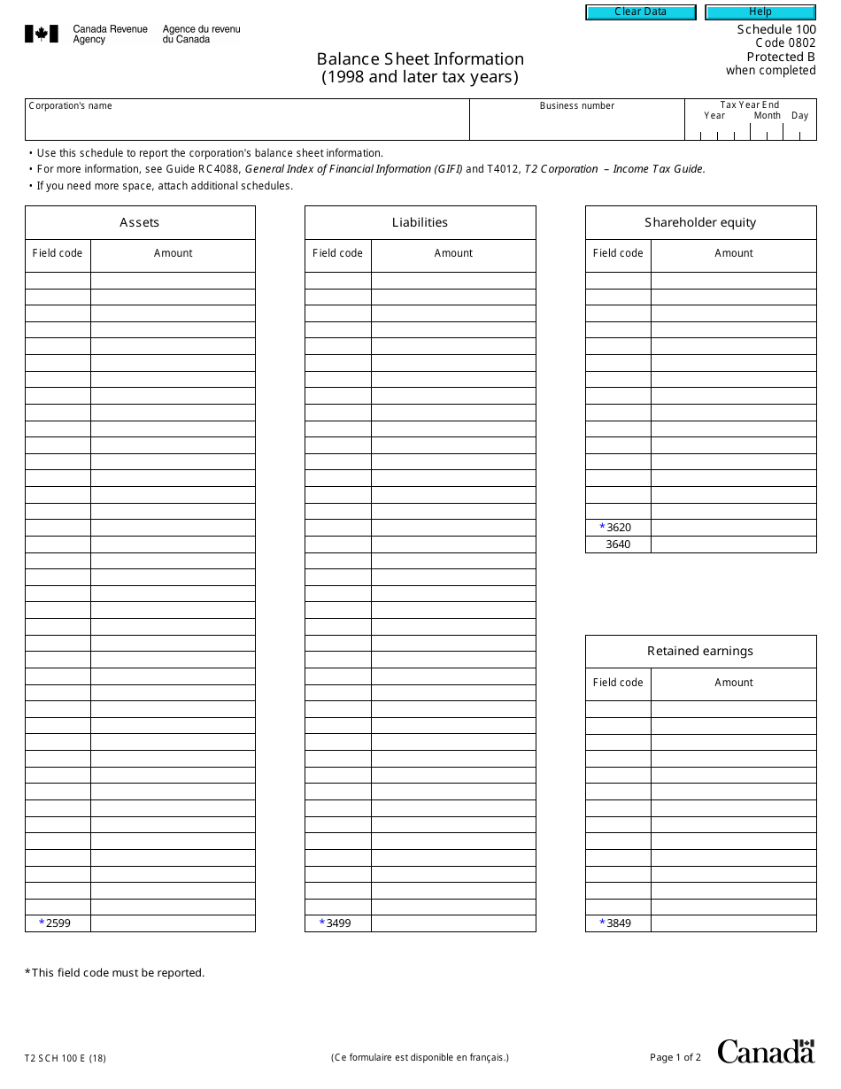 Form T2 Schedule 100 Balance Sheet Information - Canada, Page 1