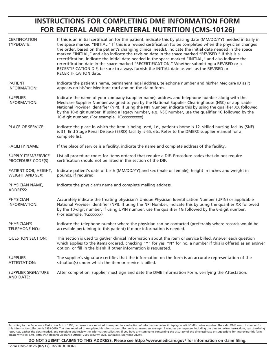 Form CMS-10126 Dme Information Form - Enteral and Parenteral Nutrition, Page 2