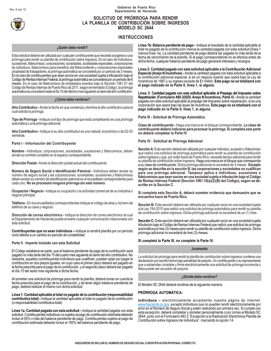 Form SC2644 Solicitud De Prorroga Para Rendir La Planilla De Contribucion Sobre Ingresos - Puerto Rico, Page 3