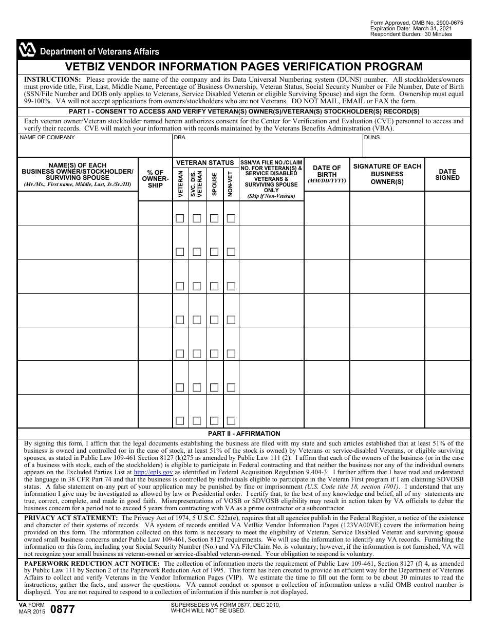 VA Form 0877 Vetbiz Vendor Information Pages Verification Program, Page 1