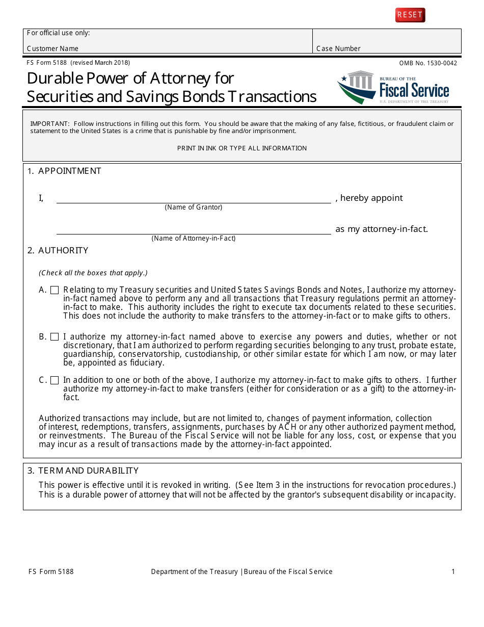 Form F5188 Durable Power of Attorney for Securities and Savings Bonds Transactions - Treasurydirect, Page 1