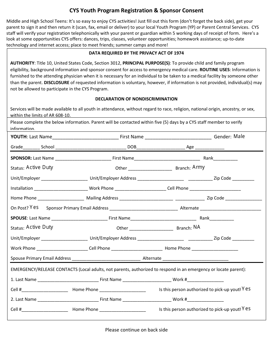 Cys Youth Program Registration  Sponsor Consent Form, Page 1