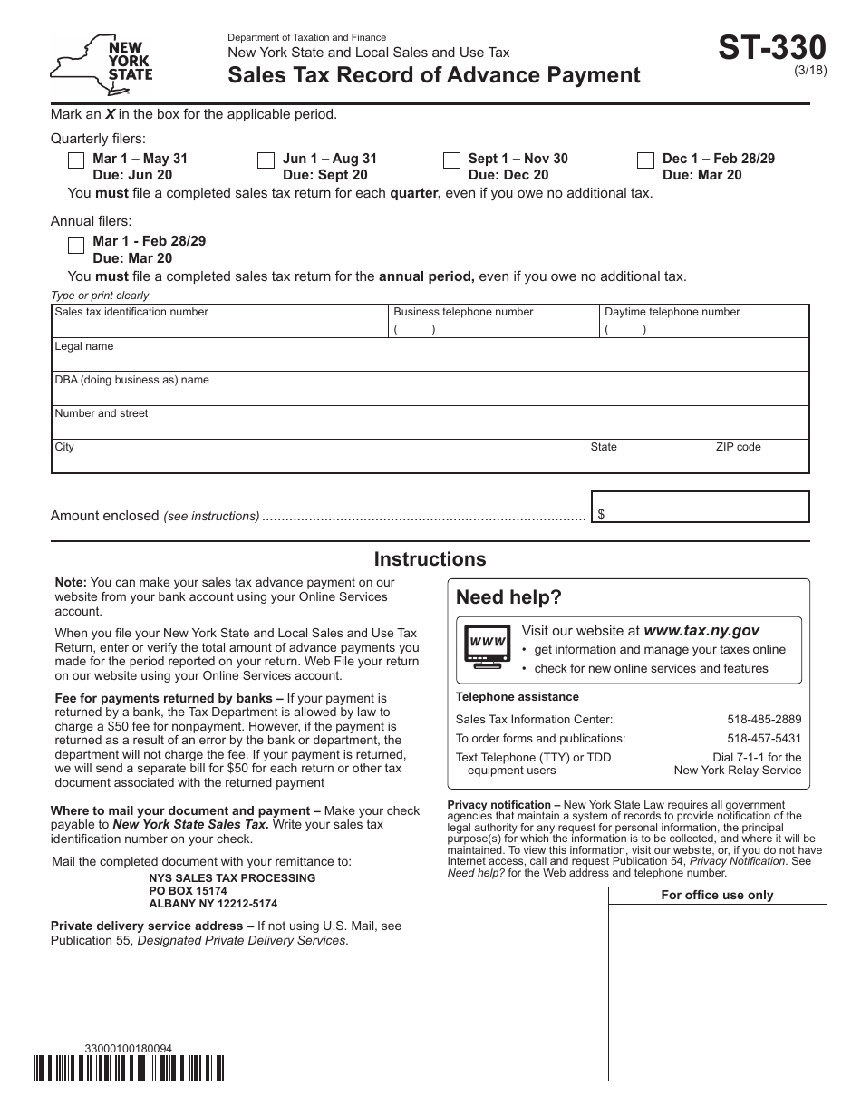 Form ST-330 Sales Tax Record of Advance Payment - New York, Page 1