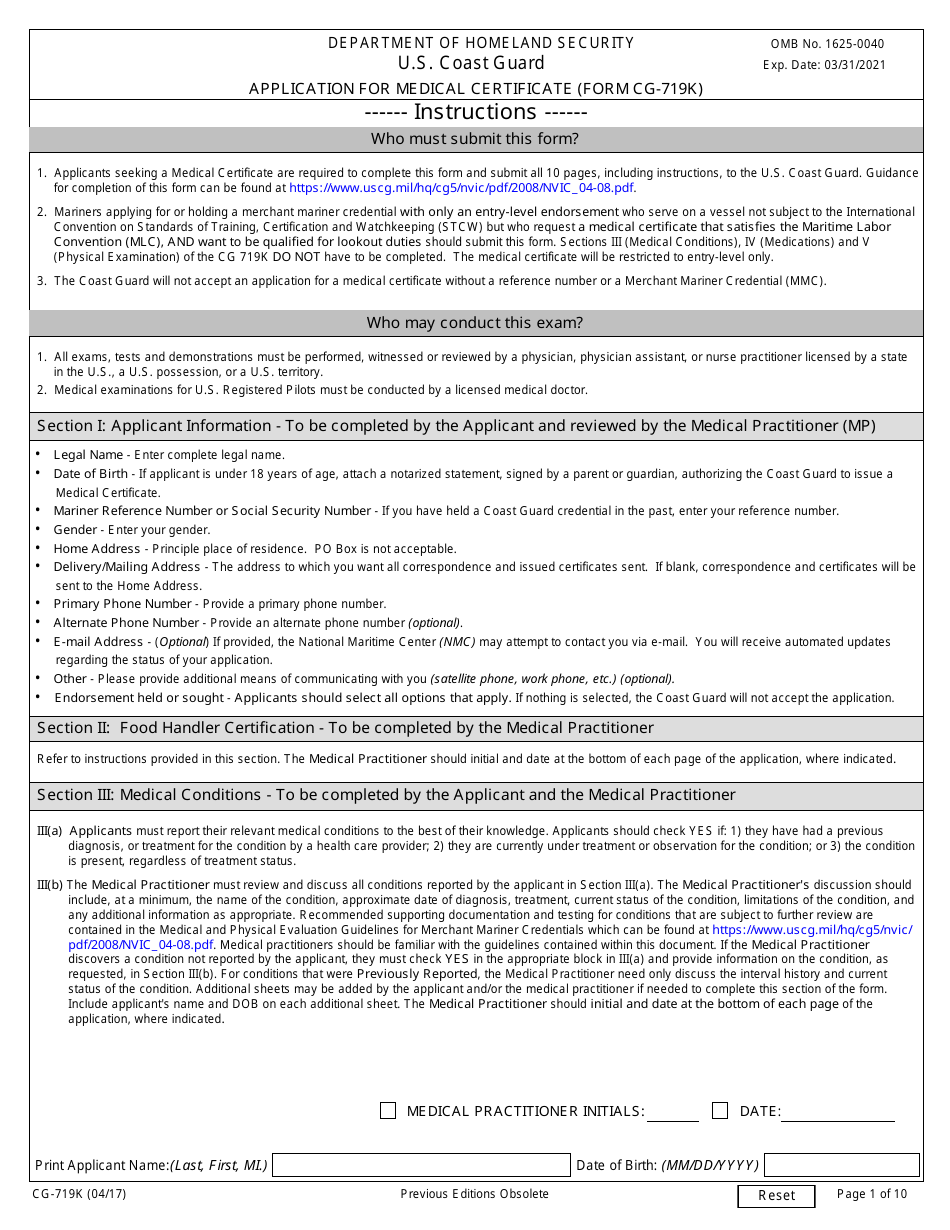 Form CG-719K Application for Medical Certificate, Page 1