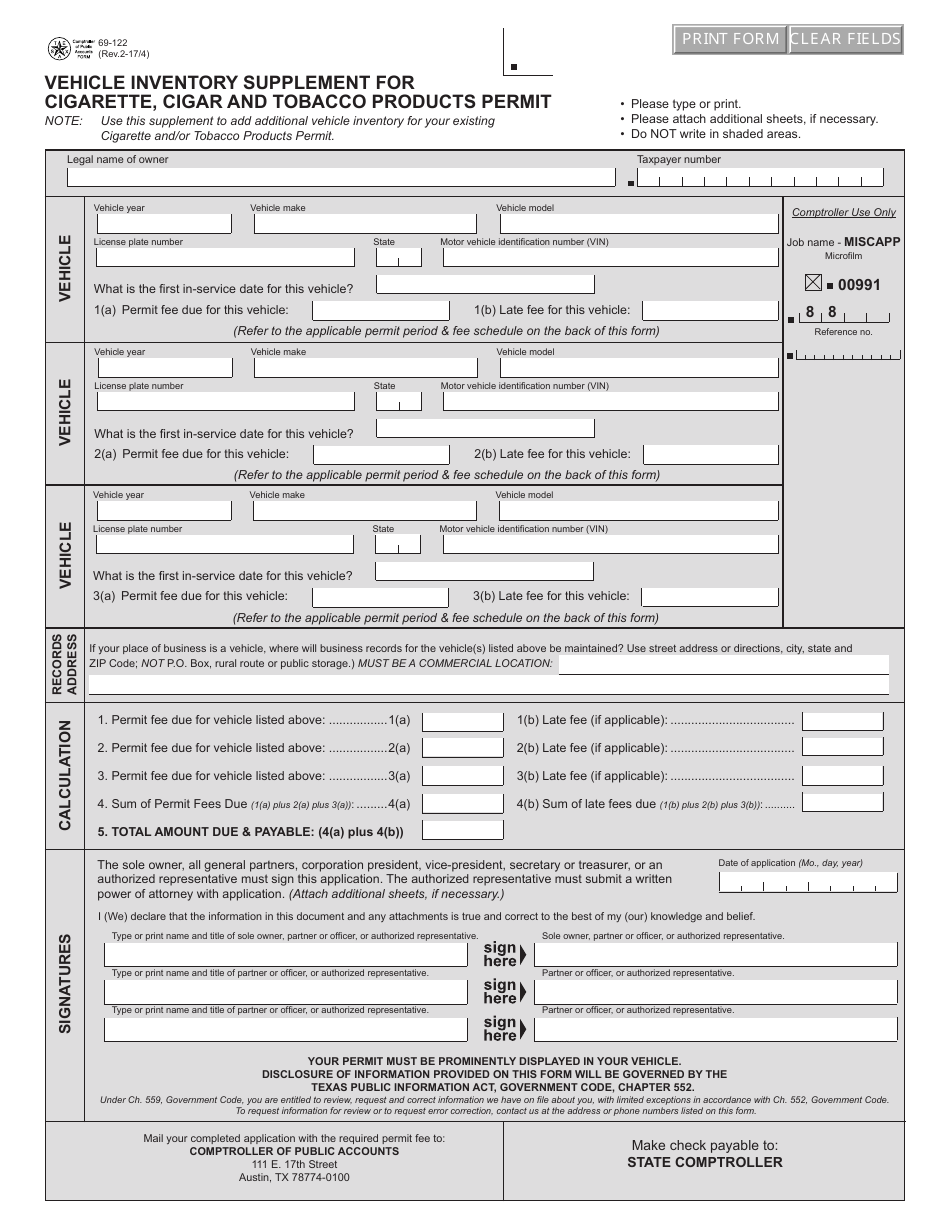 Form 69-122 Vehicle Inventory Supplement for Cigarette, Cigar and Tobacco Products Permit - Texas, Page 1