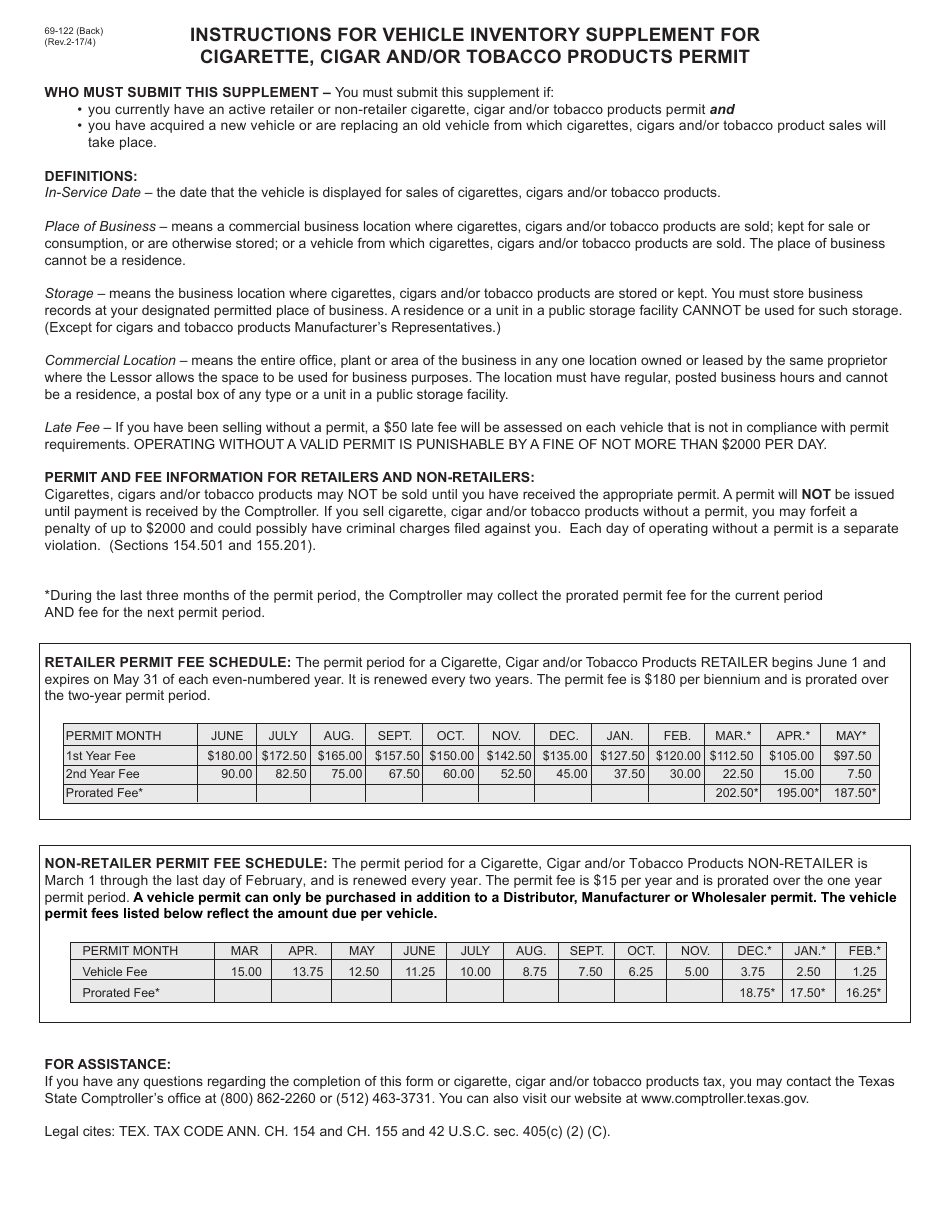 Form 69-122 Vehicle Inventory Supplement for Cigarette, Cigar and Tobacco Products Permit - Texas, Page 2