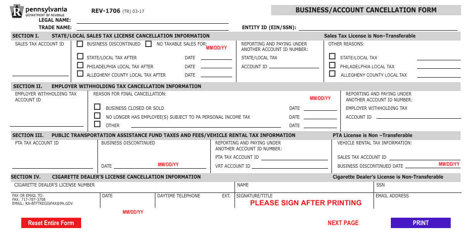Form REV-1706 Business / Account Cancellation Form - Pennsylvania, Page 1