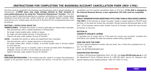 Form REV-1706 Business/Account Cancellation Form - Pennsylvania, Page 2