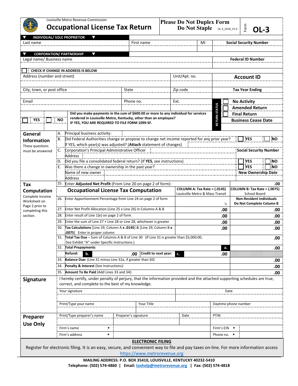 Form OL-3 Occupational License Tax Return - City of Louisville, Kentucky, Page 1