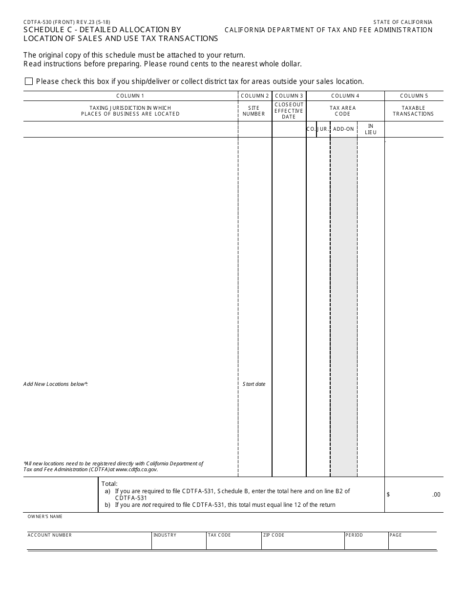 Form CDTFA-530 Schedule C Detailed Allocation by Location of Sales and Use Tax Transactions - California, Page 1