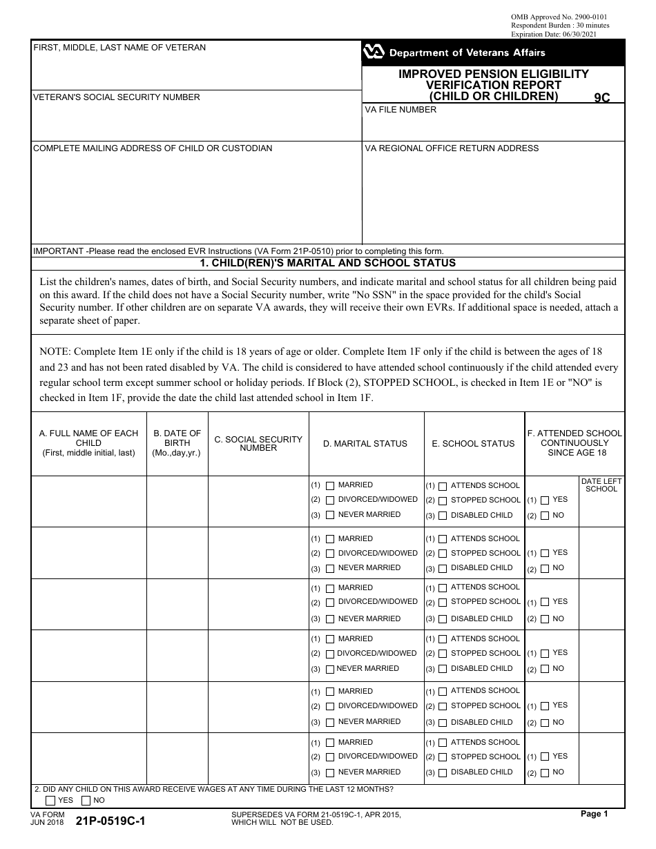VA Form 21P-0519C-1 Improved Pension Eligibility Verification Report (Child or Children), Page 1