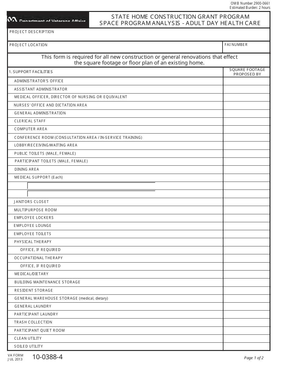 VA Form 10-0388-4 State Home Construction Grant Program - Space Program Analysis - Adult Day Health Care, Page 1