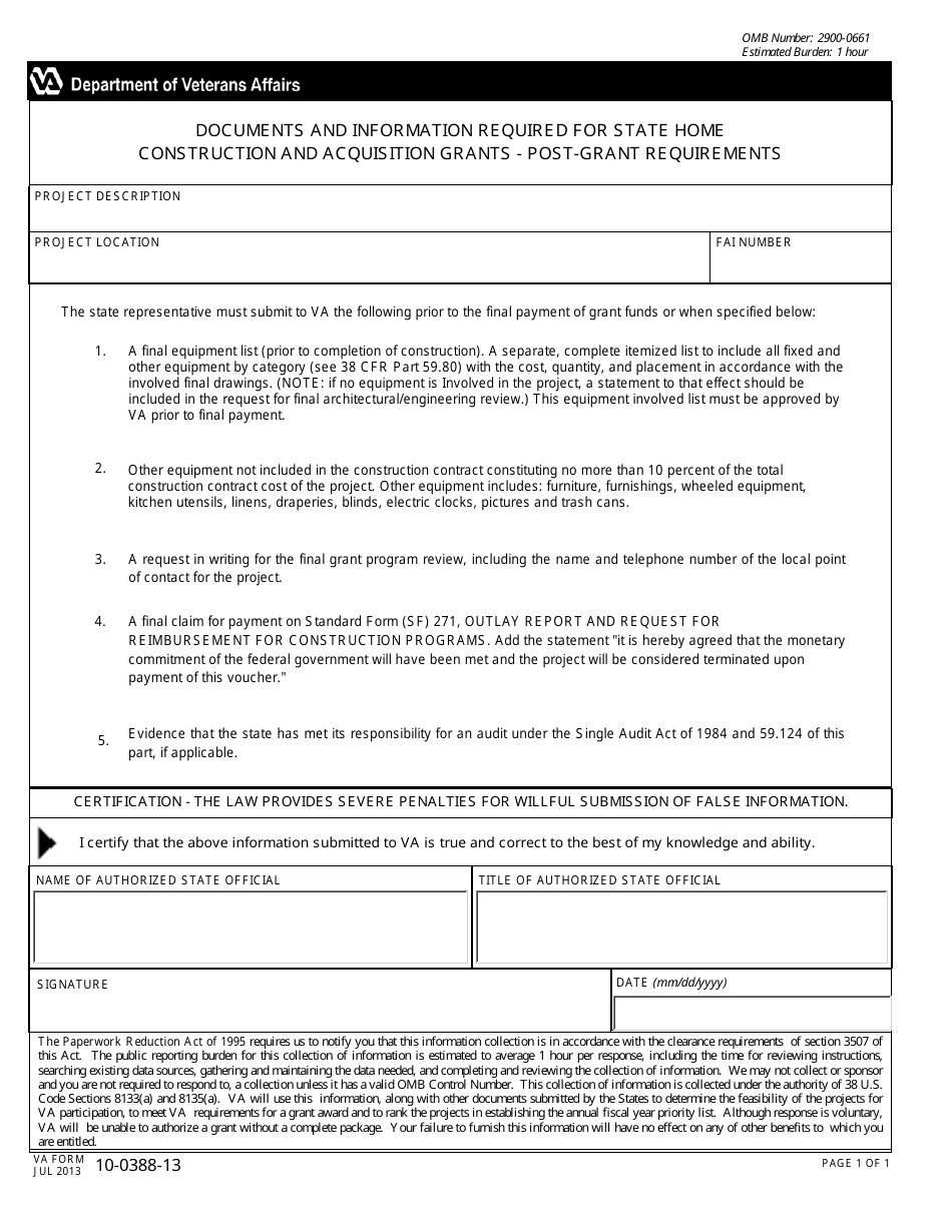 VA Form 10-0388-13 Documents and Information Required for State Home Construction and Acquisition Grants - Post-grant Requirements, Page 1