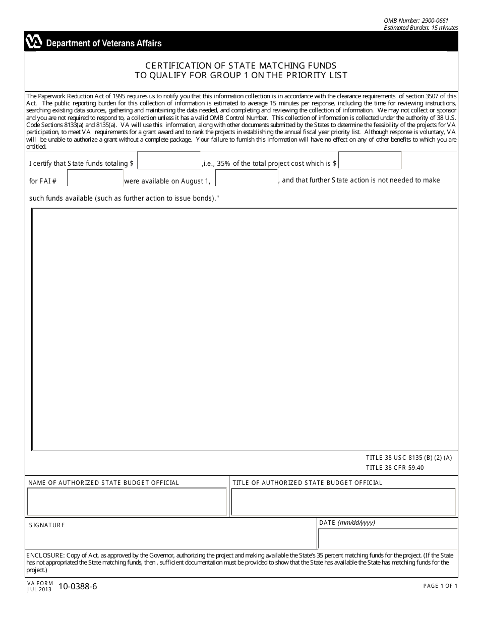 VA Form 10-0388-6 Certification of State Matching Funds to Qualify for Group 1 on the Priority List, Page 1