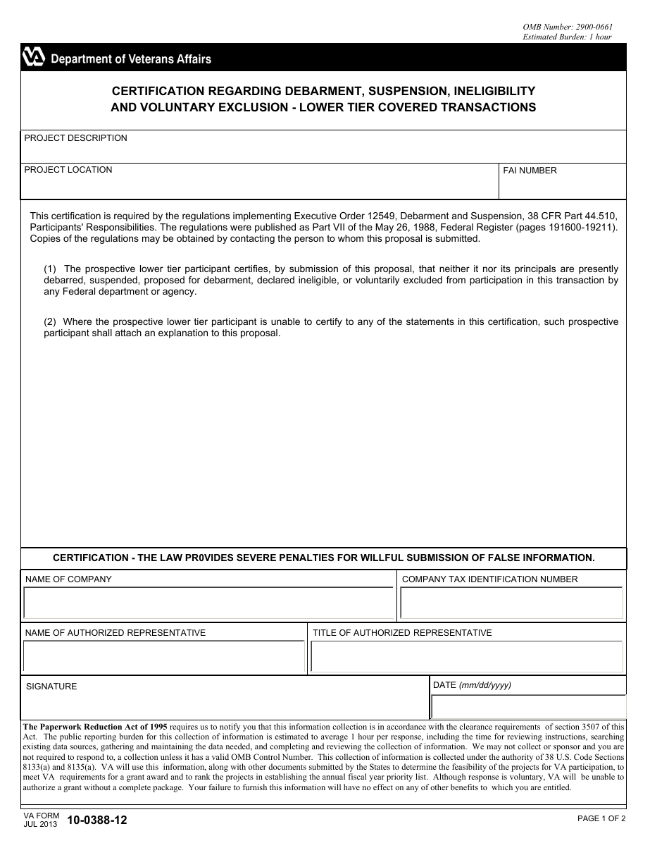 VA Form 10-0388-12 Certification Regarding Debarment, Suspension, Ineligibility and Voluntary Exclusion - Lower Tier Covered Transactions, Page 1