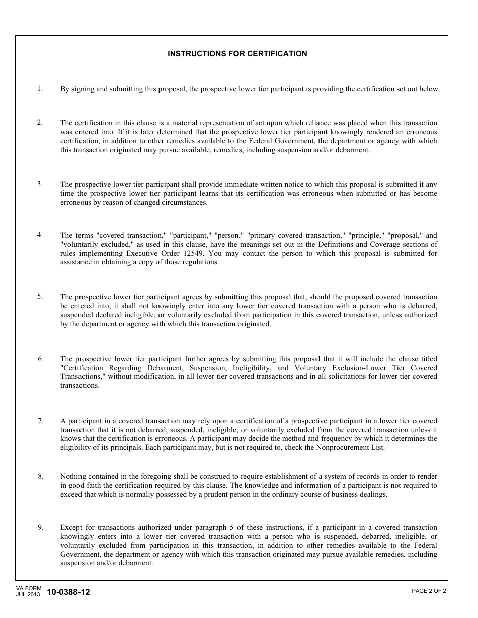 VA Form 10-0388-12 Certification Regarding Debarment, Suspension, Ineligibility and Voluntary Exclusion - Lower Tier Covered Transactions, Page 2