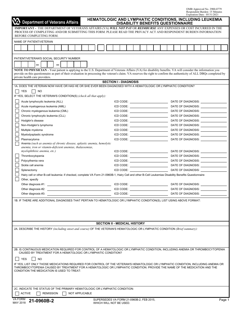 VA Form 21-0960B-2 Hematologic and Lymphatic Conditions, Including Leukemia Disability Benefits Questionnaire, Page 1