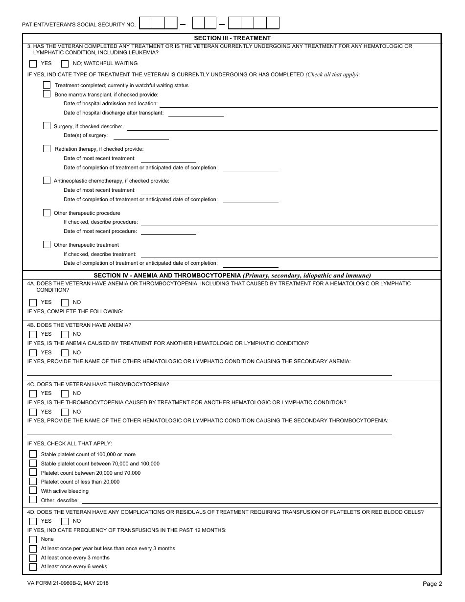 VA Form 21-0960B-2 Hematologic and Lymphatic Conditions, Including Leukemia Disability Benefits Questionnaire, Page 2