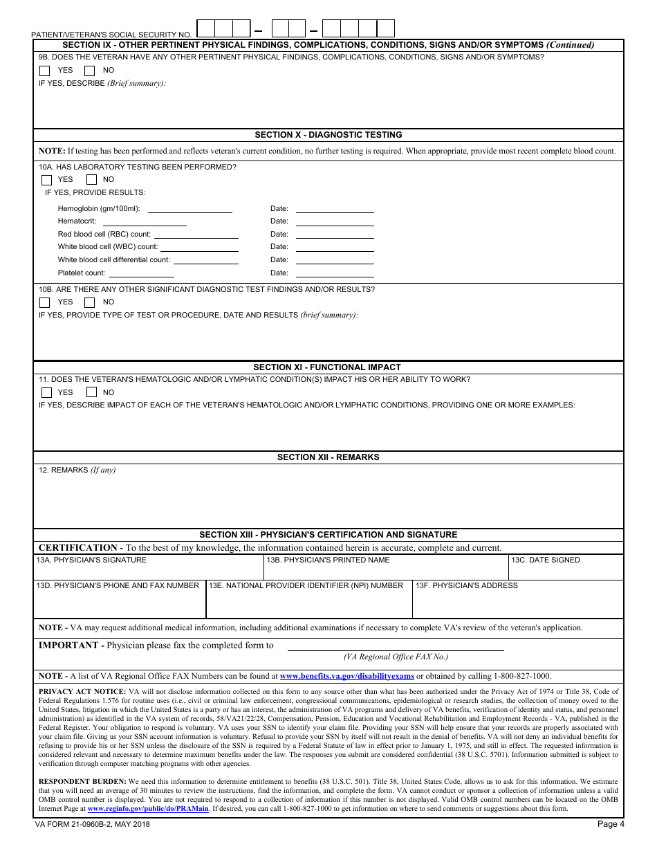 VA Form 21-0960B-2 Hematologic and Lymphatic Conditions, Including Leukemia Disability Benefits Questionnaire, Page 4