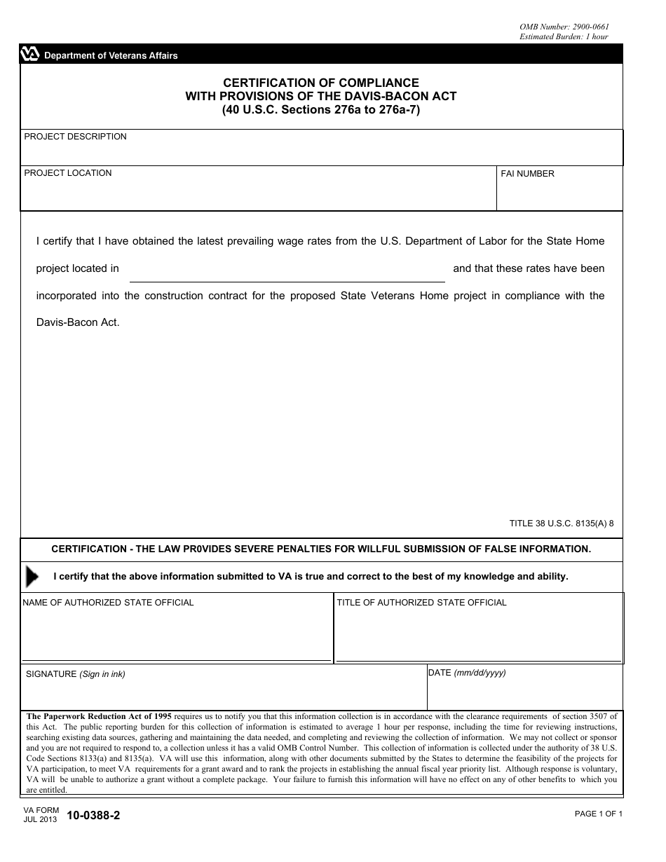 VA Form 10-0388-2 Certification of Compliance With Provisions of the Davis-Bacon Act, Page 1