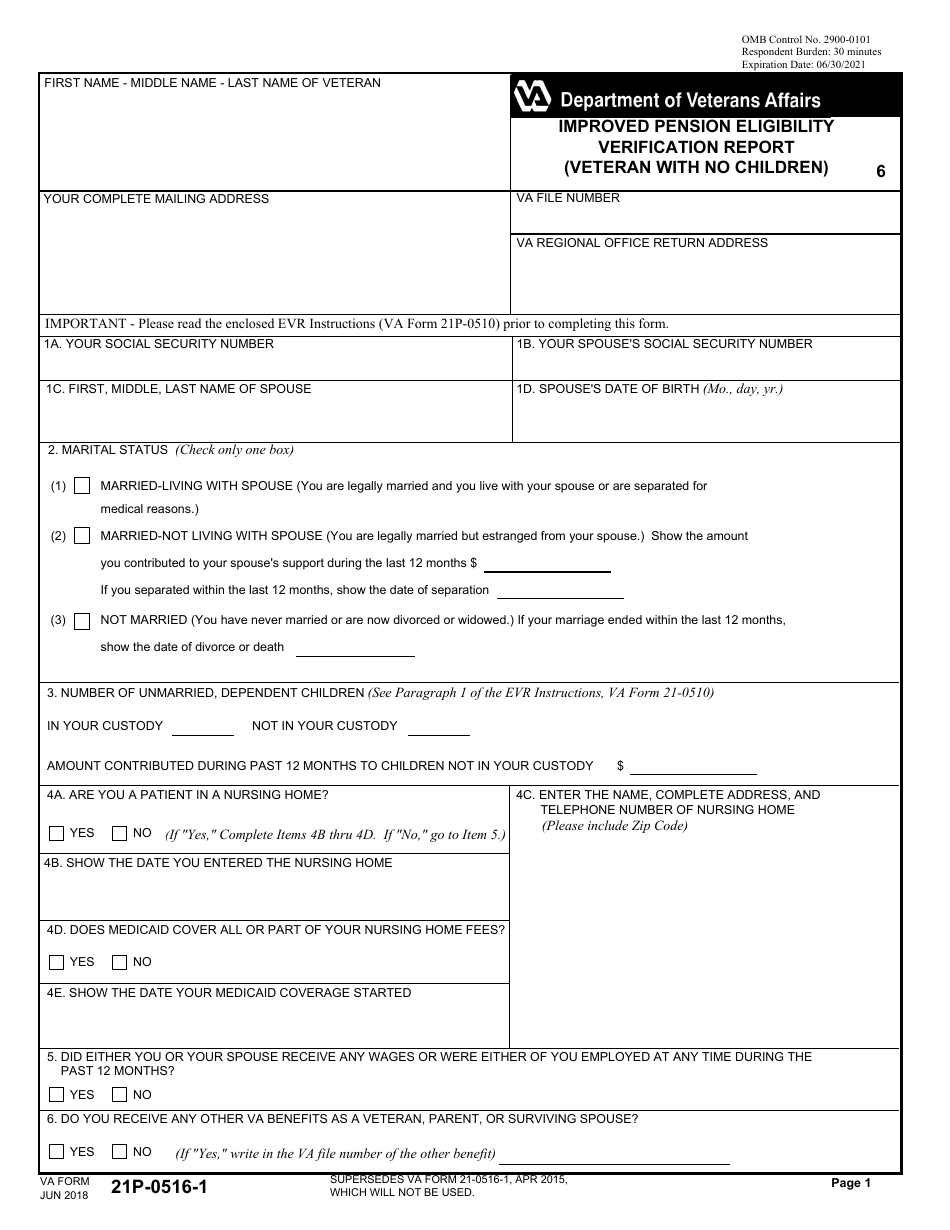 VA Form 21P-0516-1 Improved Pension Eligibility Verification Report (Veteran With No Children), Page 1
