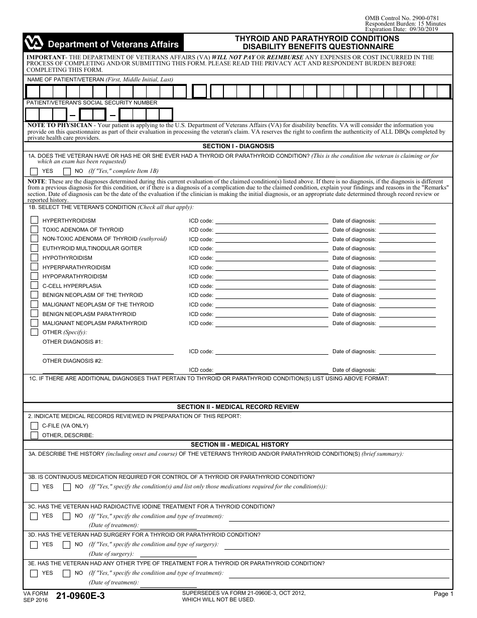 VA Form 21-0960E-3 Thyroid and Parathyroid Conditions Disability Benefits Questionnaire, Page 1