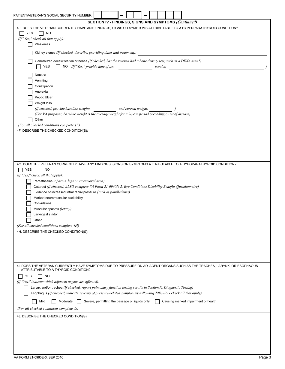 VA Form 21-0960E-3 Thyroid and Parathyroid Conditions Disability Benefits Questionnaire, Page 3