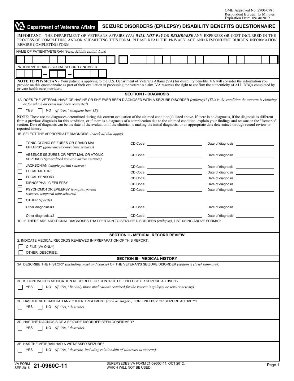 VA Form 21-0960C-11 Seizure Disorders (Epilepsy) Disability Benefits Questionnaire, Page 1
