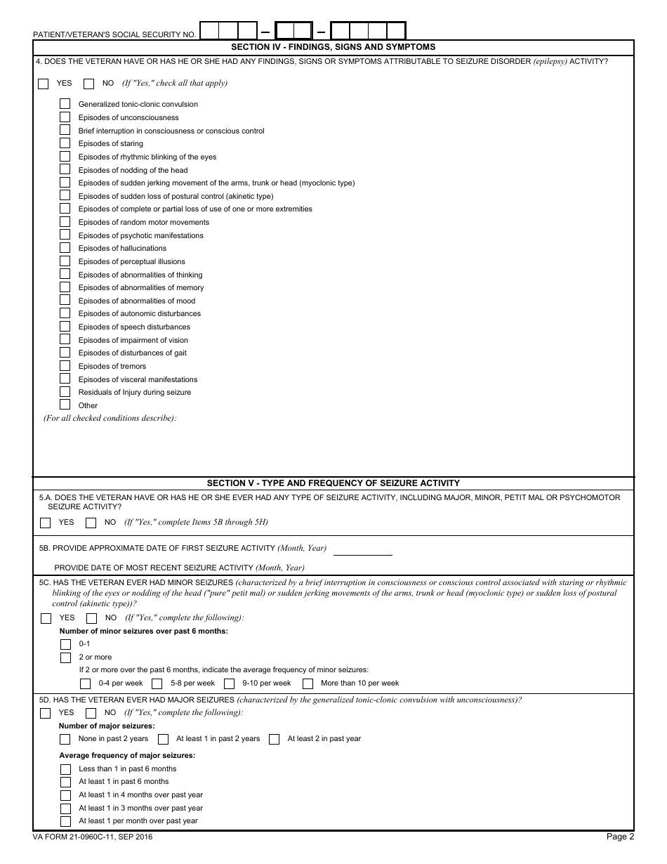 VA Form 21-0960C-11 Seizure Disorders (Epilepsy) Disability Benefits Questionnaire, Page 2