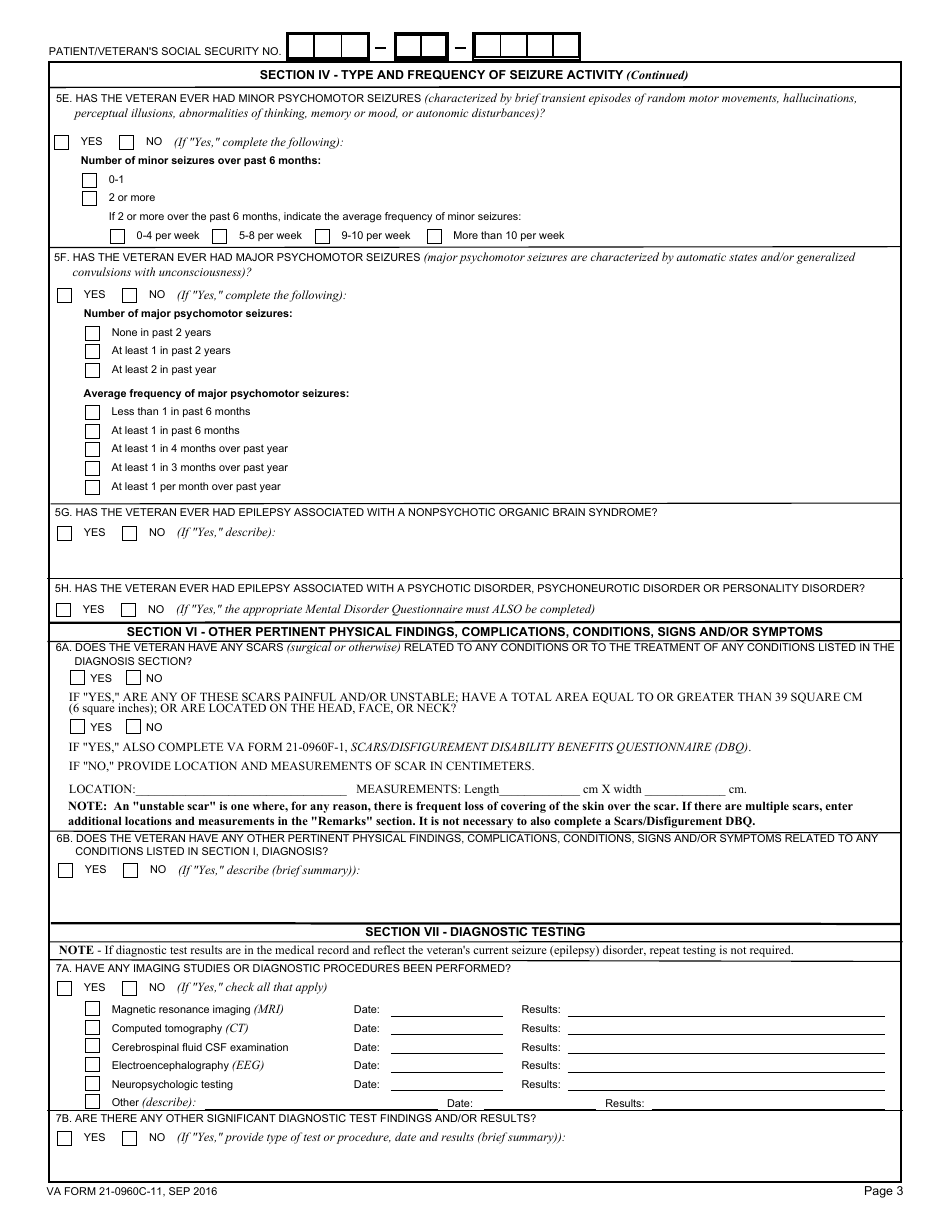 VA Form 21-0960C-11 Seizure Disorders (Epilepsy) Disability Benefits Questionnaire, Page 3