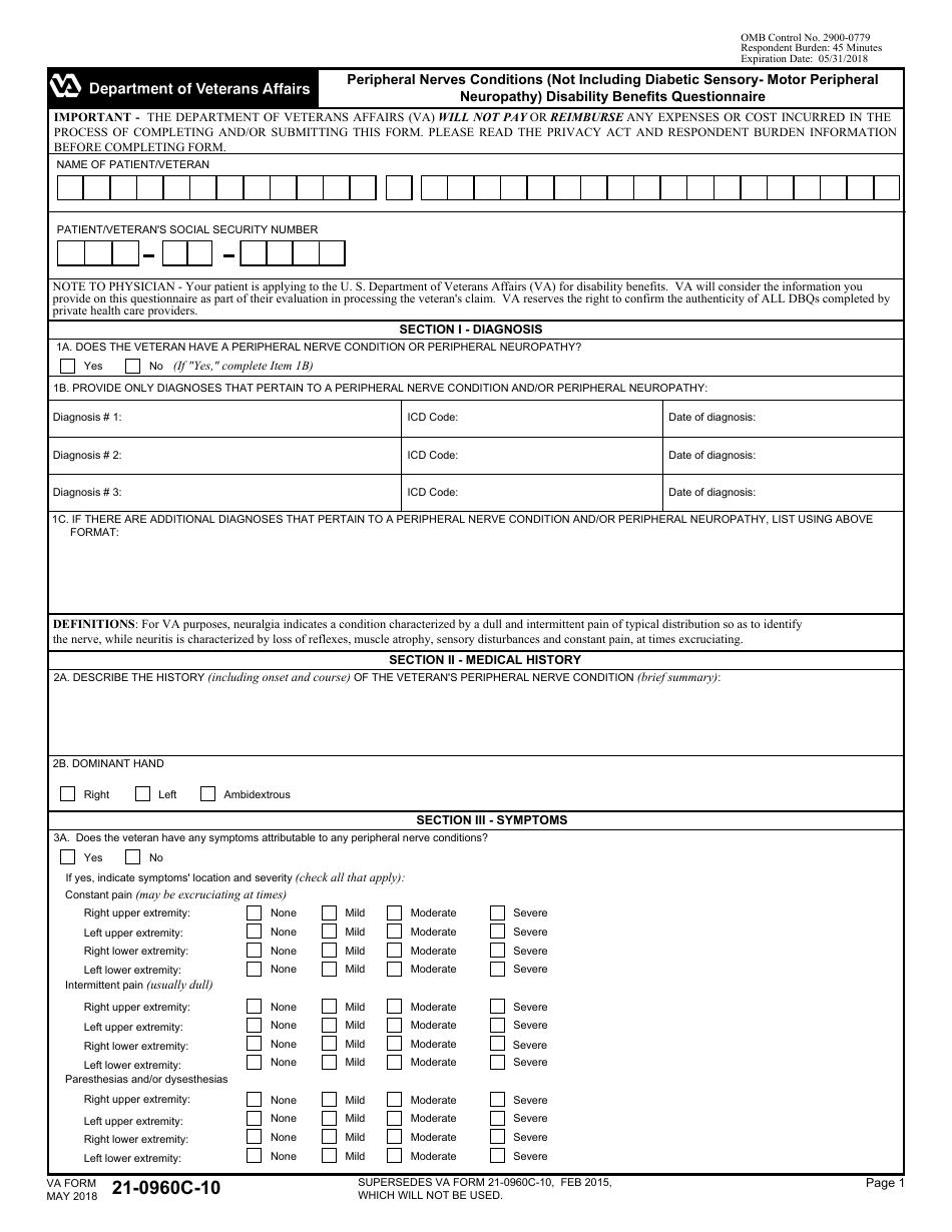VA Form 21-0960C-10 Peripheral Nerves Conditions (Not Including Diabetic Sensory - Motor Peripheral Neuropathy) Disability Benefits Questionnaire, Page 1