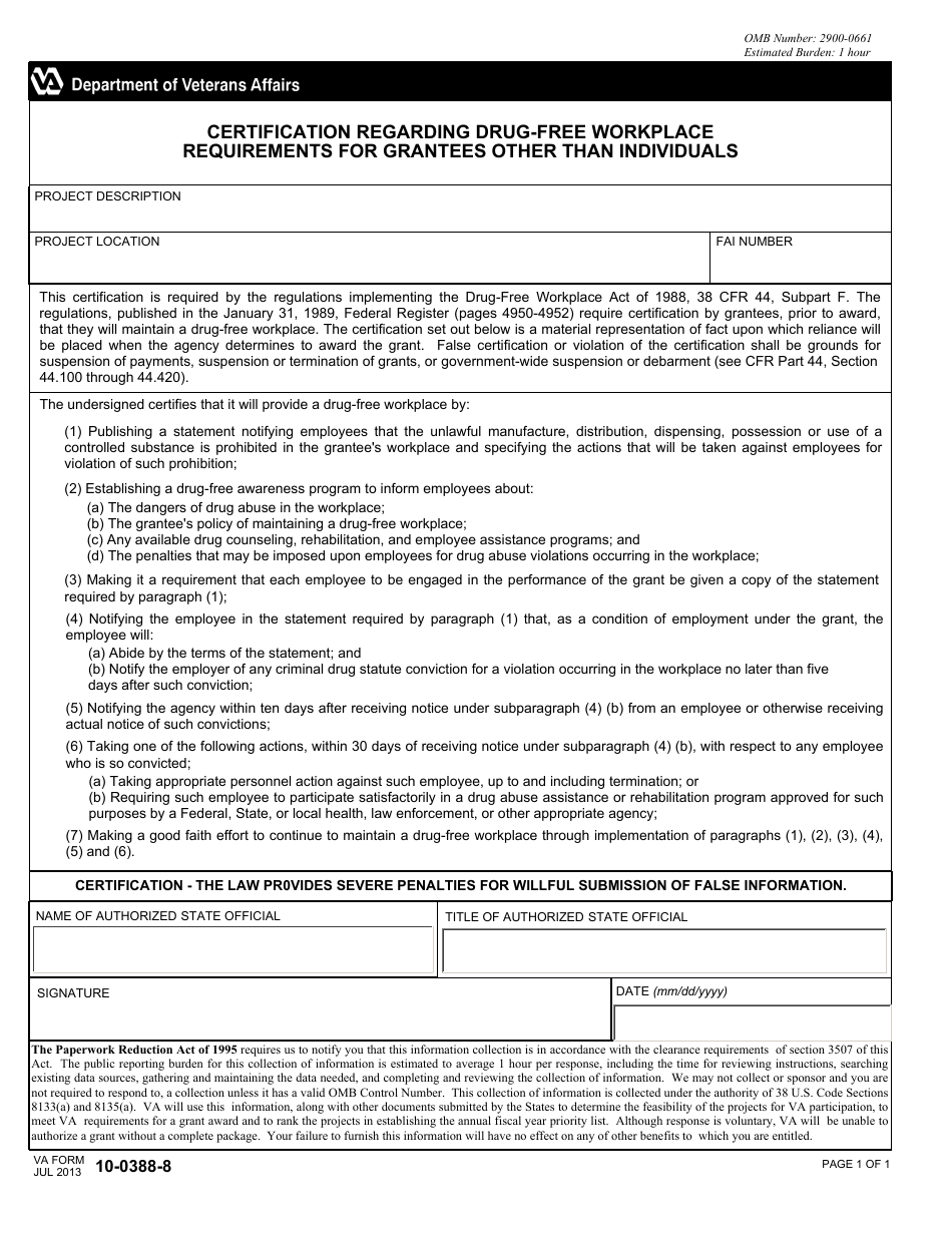 VA Form 10-0388-8 Certification Regarding Drug-Free Workplace Requirements for Grantees Other Than Individuals, Page 1