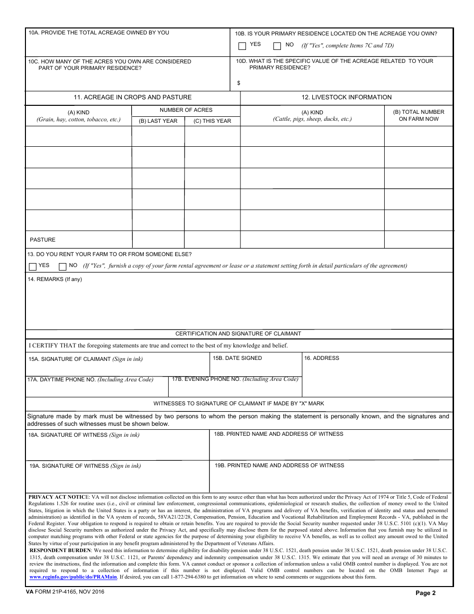 VA Form 21P-4165 Pension Claim Questionnaire for Farm Income, Page 2