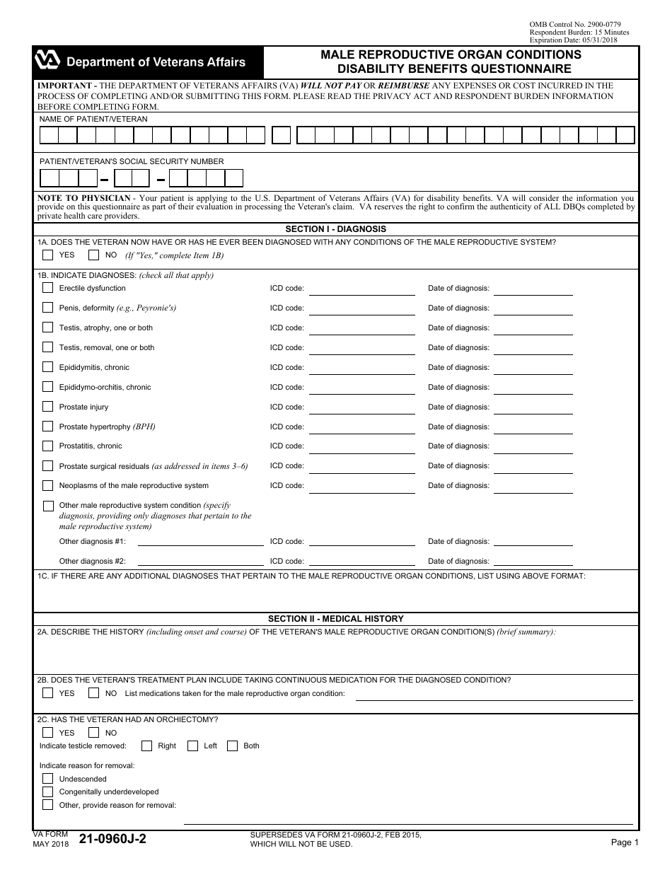 VA Form 21-0960J-2 Male Reproductive Organ Conditions Disability Benefits Questionnaire, Page 1