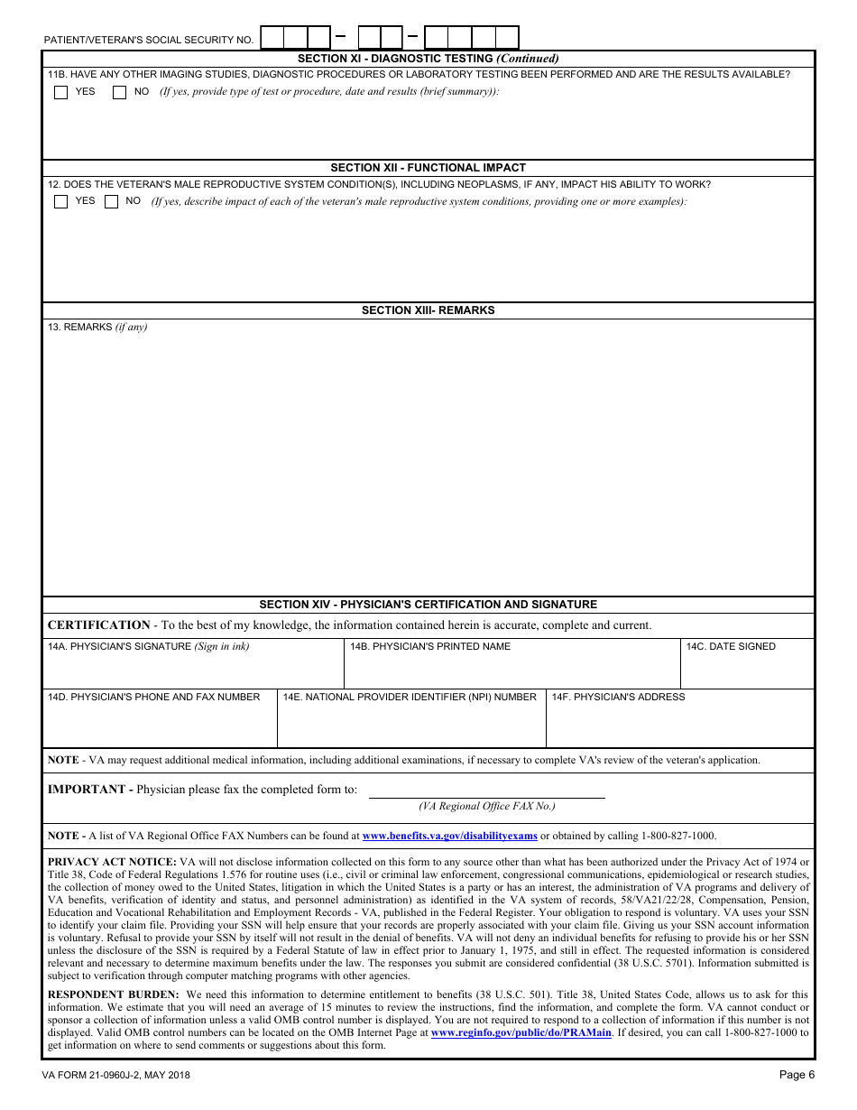 VA Form 21-0960J-2 Male Reproductive Organ Conditions Disability Benefits Questionnaire, Page 6