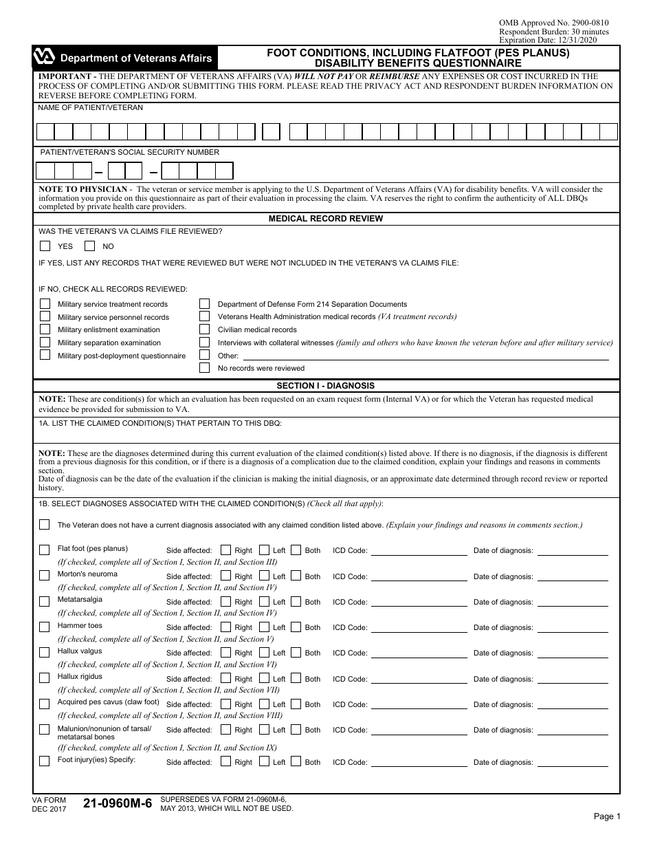 VA Form 21-0960M-6 Foot Conditions, Including Flatfoot (Pes Planus) Disability Benefits Questionnaire, Page 1