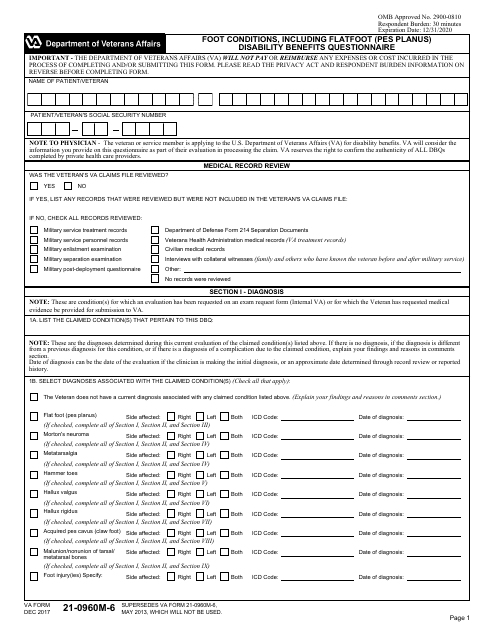 VA Form 21-0960M-6 Foot Conditions, Including Flatfoot (Pes Planus) Disability Benefits Questionnaire